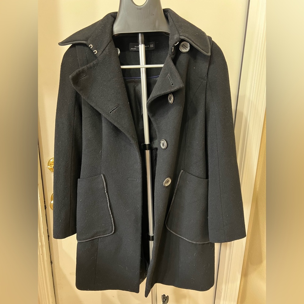Zara Woman Black Wool Blend Military Peacoat Structured Coat Size XS